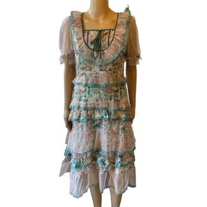 Y2K Fairy Ruffle Mesh Silky Dress Floral Green Pink Glitter Festive Lady M/L